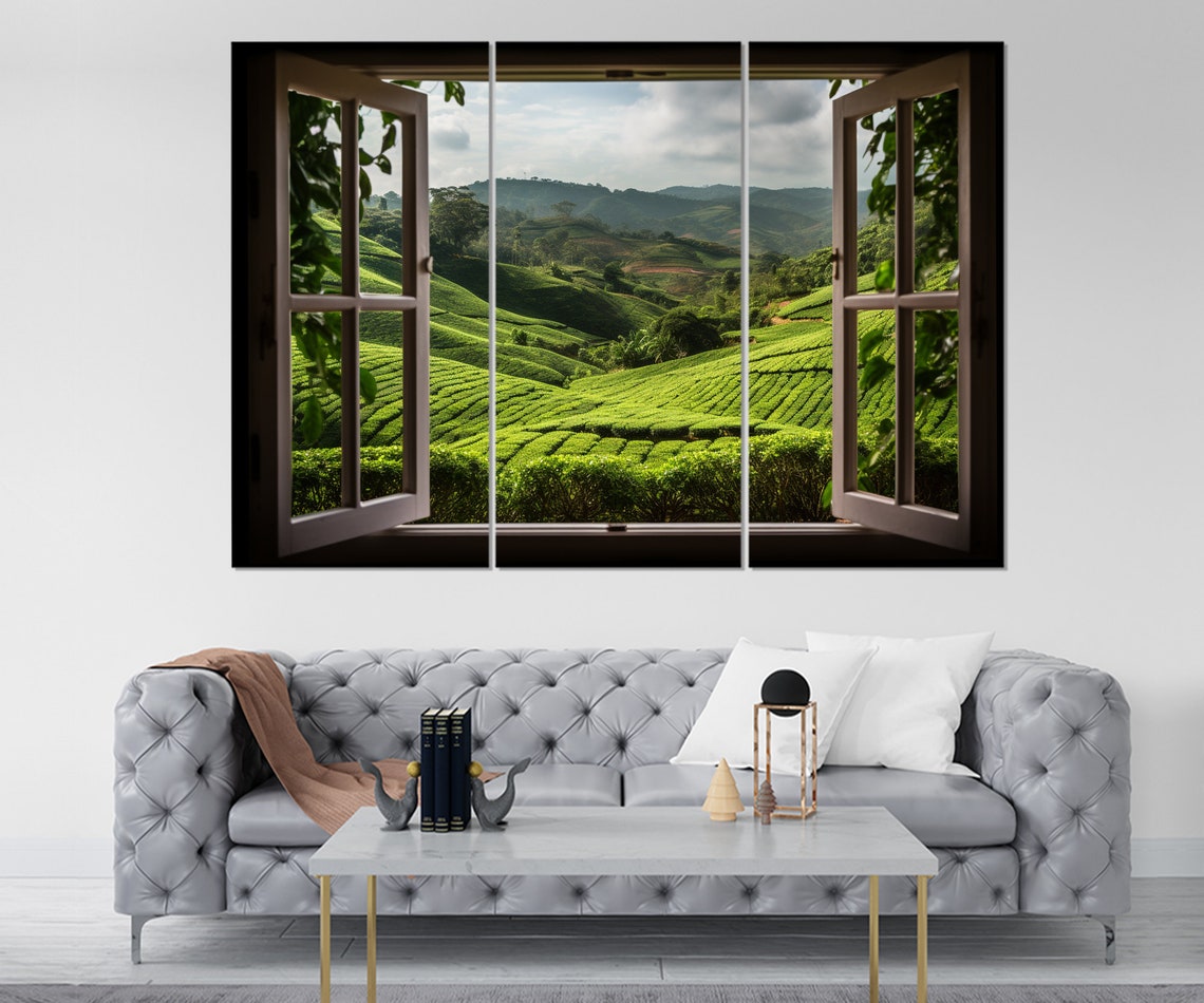 Terraced Green Tea Fields Open Window Lush Hillside Nature Poster - Image 4