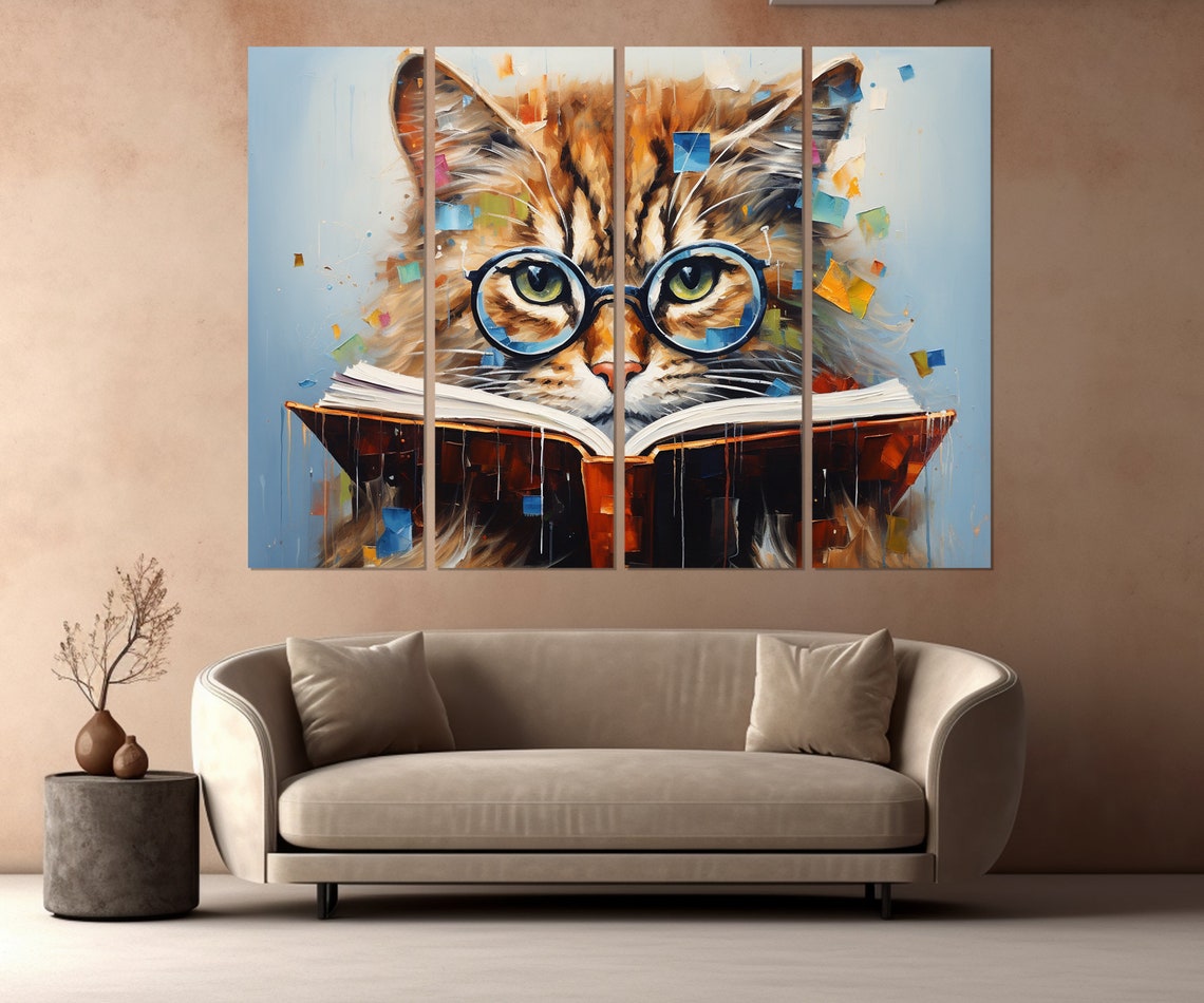Fluffy Cat Wearing Round Blue Glasses Reading A Book Funny Poster - Image 2
