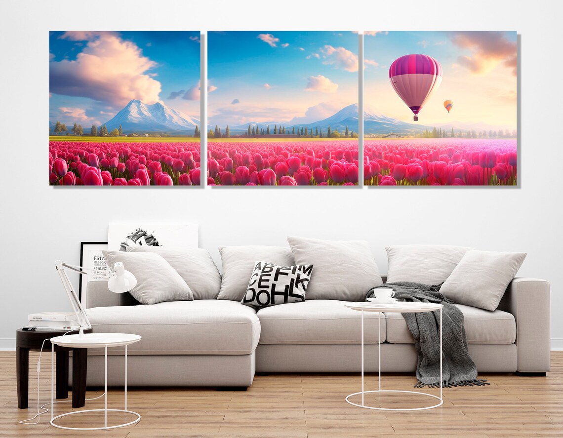 Panoramic Pink Tulip Field With Hot Air Balloons And Mountains Poster - Image 2