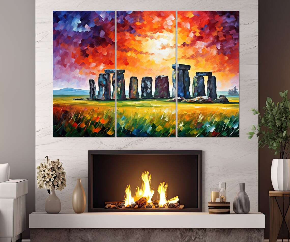 Stonehenge Sunset Impressionist Oil Painting Fiery Sky England Poster - Image 2