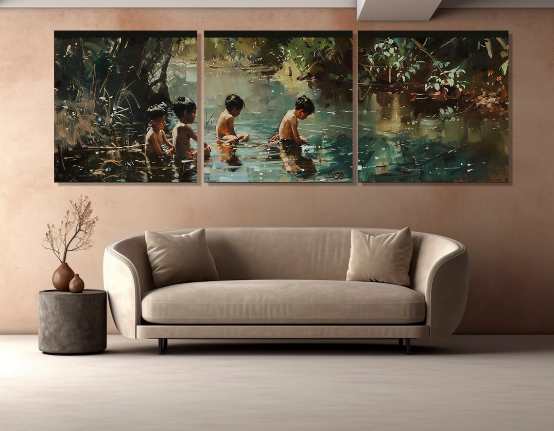 Boys Bathing In River Impressionist Oil Painting Nostalgic Poster - Image 4