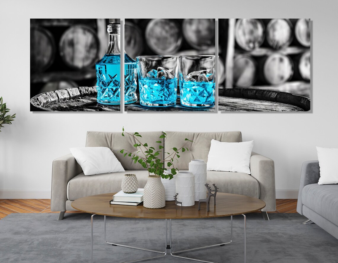 Blue Curacao Cocktail Bottle and Glasses on Barrel Bar Art Panoramic Wall Art Print - Image 3