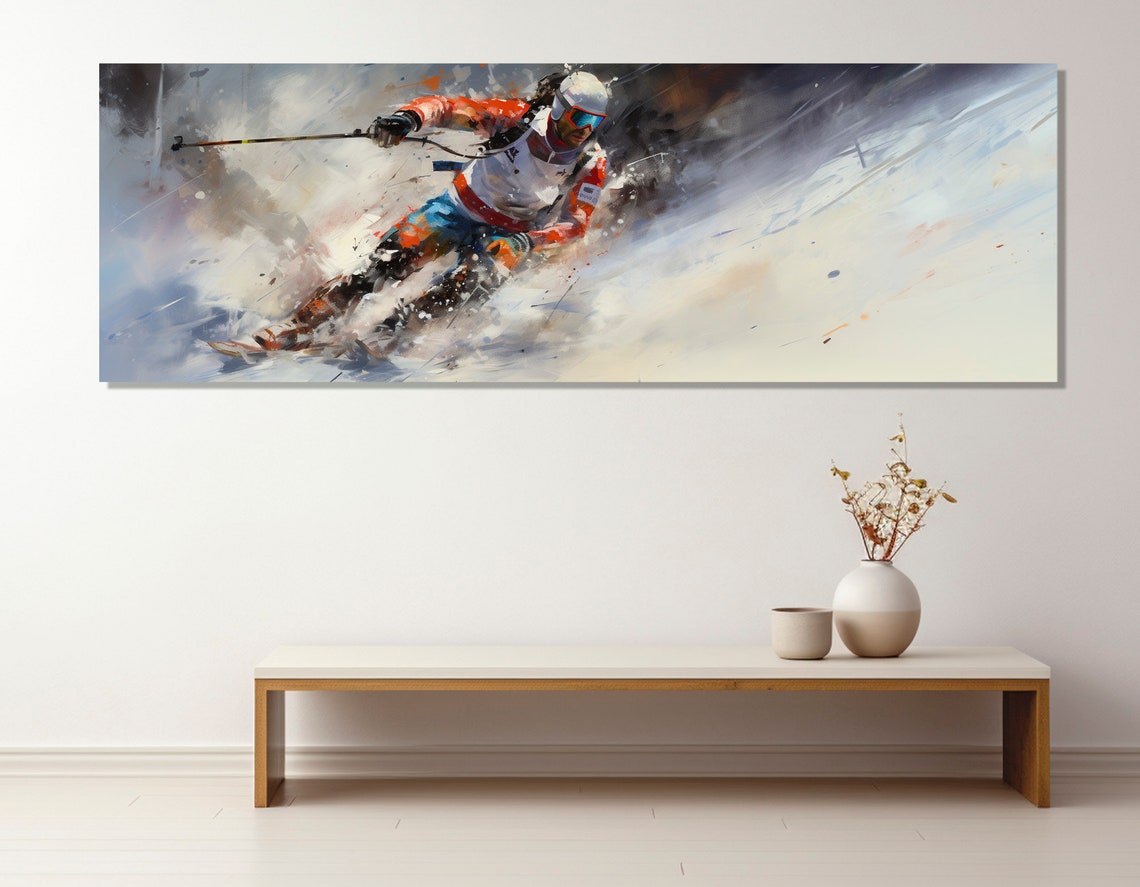 Abstract Speed Skier Carving Powder In A Wide Panoramic Alpine Poster - Image 2