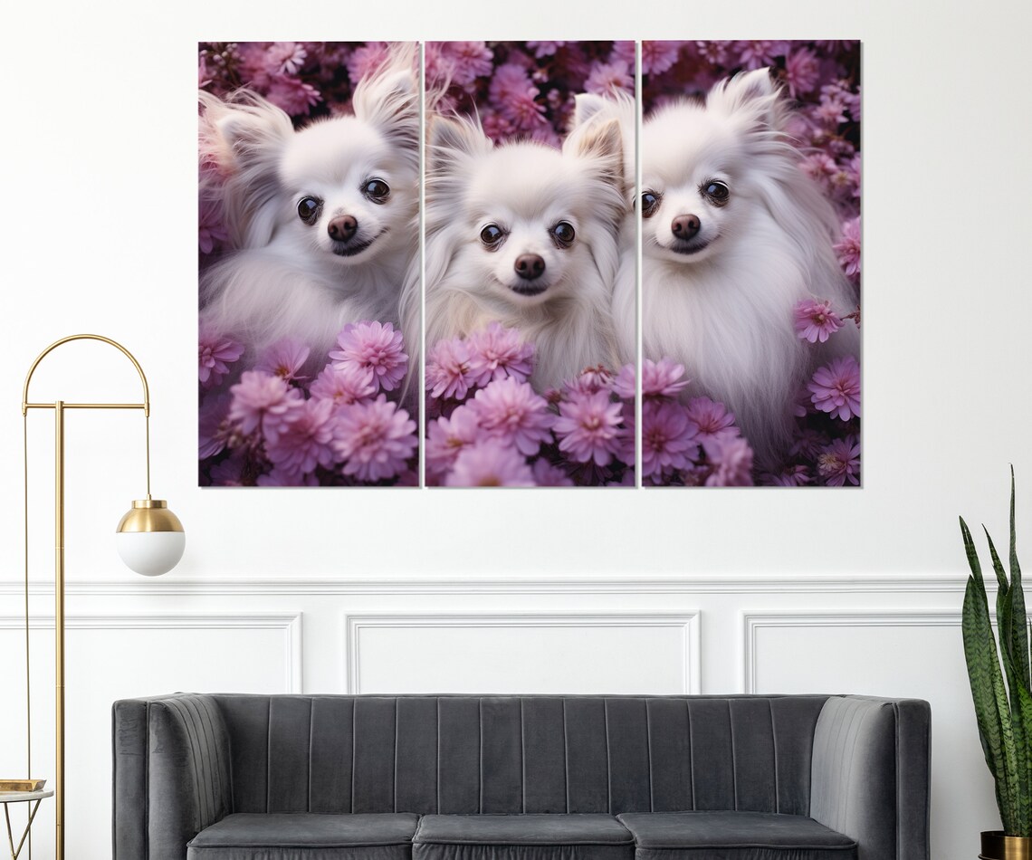 Three Cute White Fluffy Dogs In Pink Flowers Happy Puppy Poster - Image 3