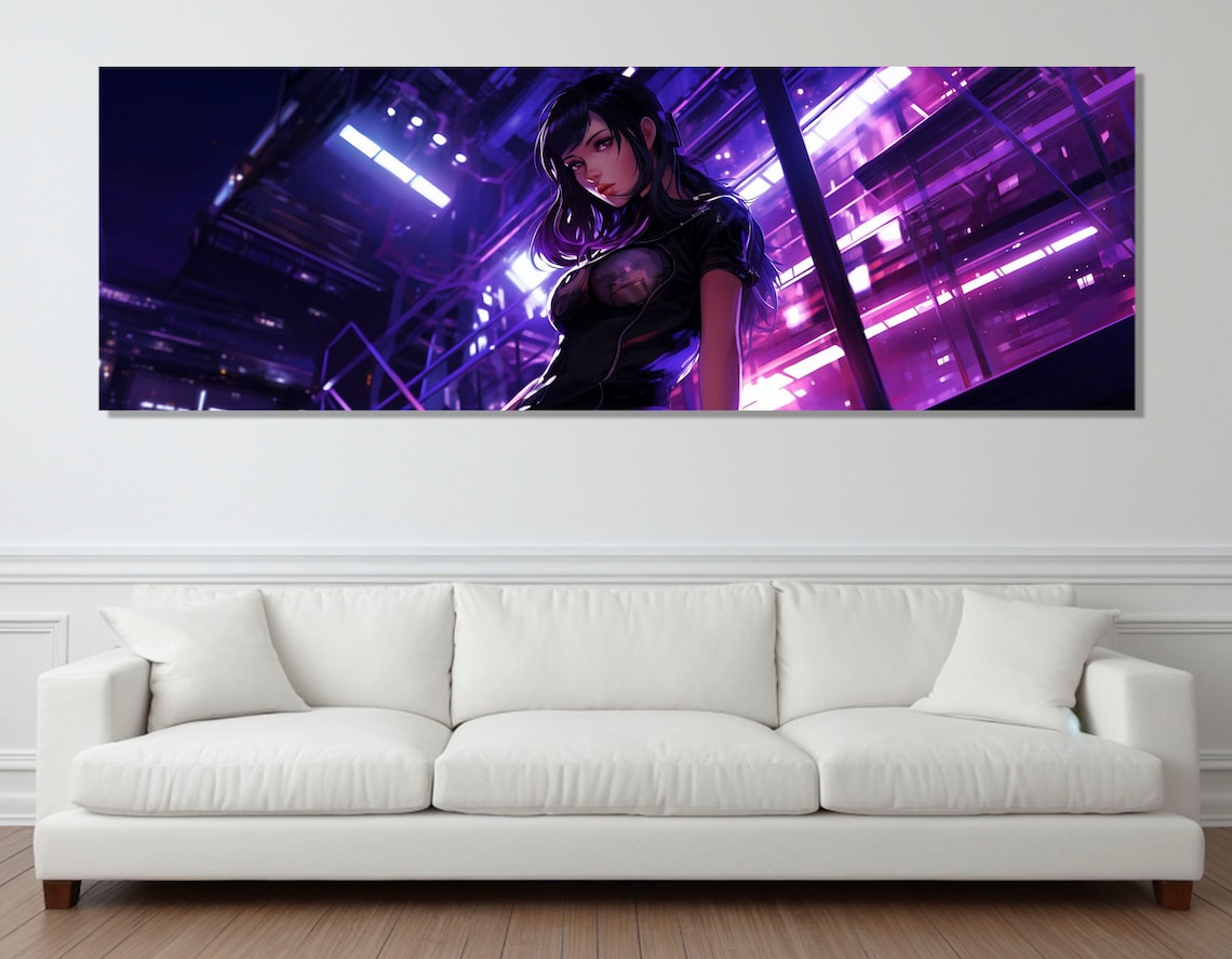 Anime Girl In Neon Purple Cyberpunk City Night Wall Art Poster