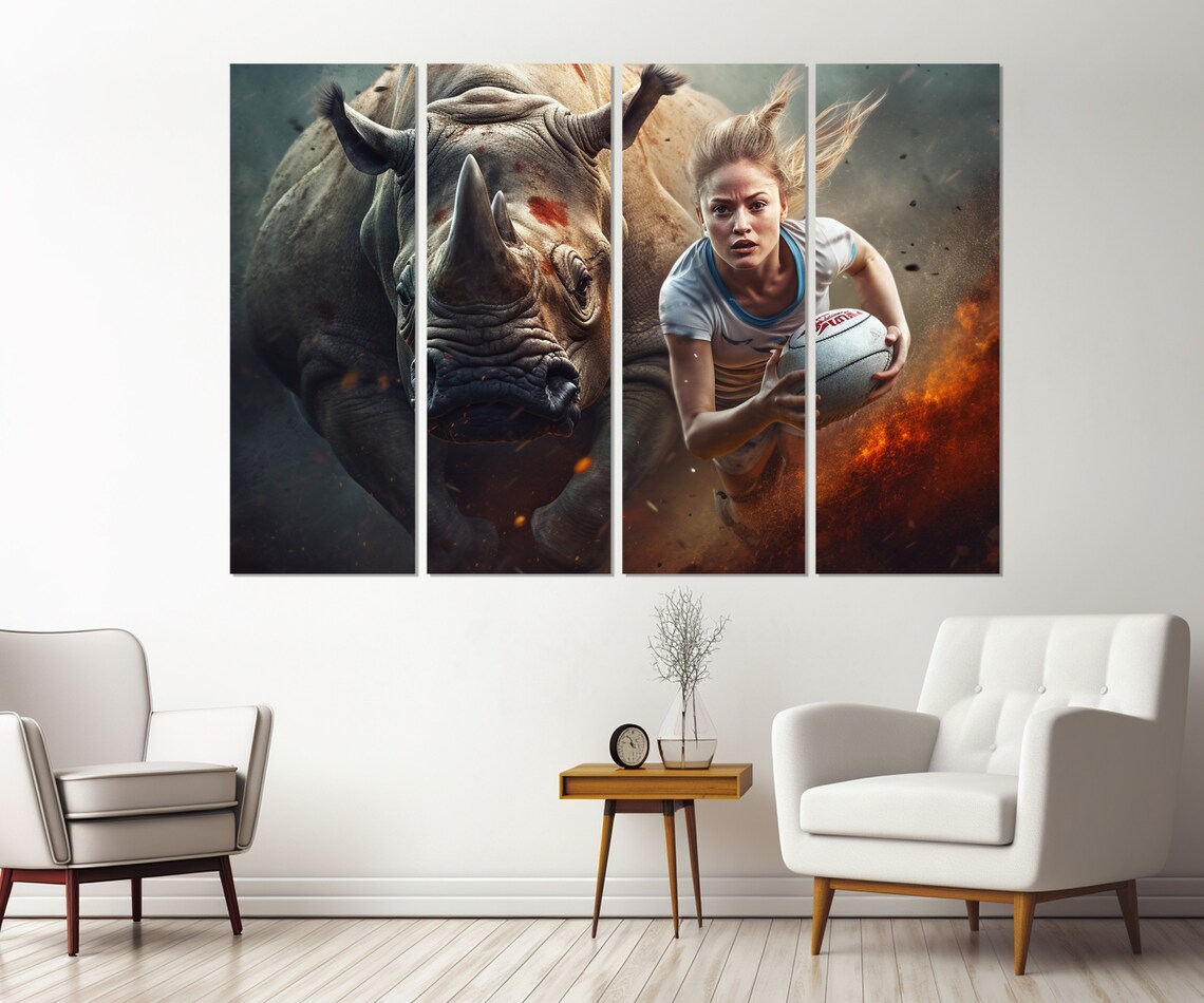 Woman Rugby Player Charging With Rhino Fierce Action Sports Wall Art Poster - Image 4