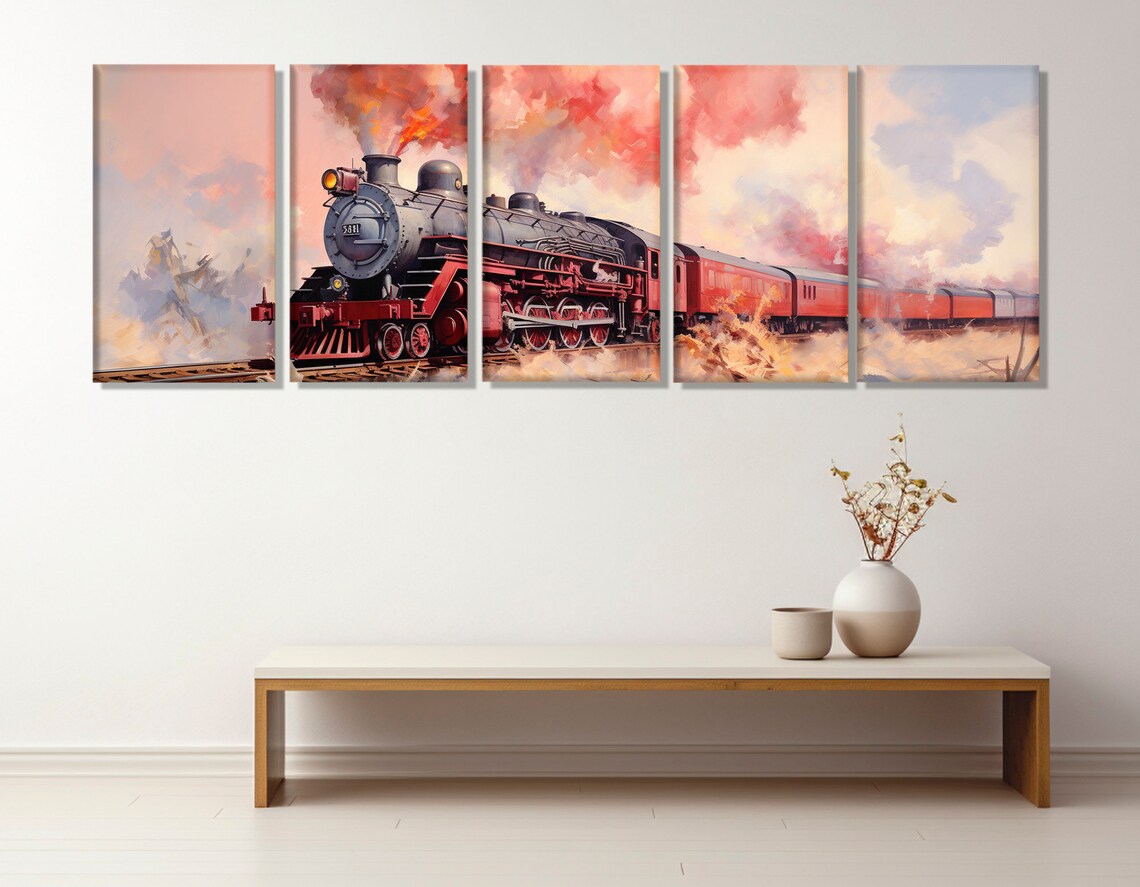 Vintage Red Steam Locomotive Train Speeding Smoke Clouds Art Poster - Image 3