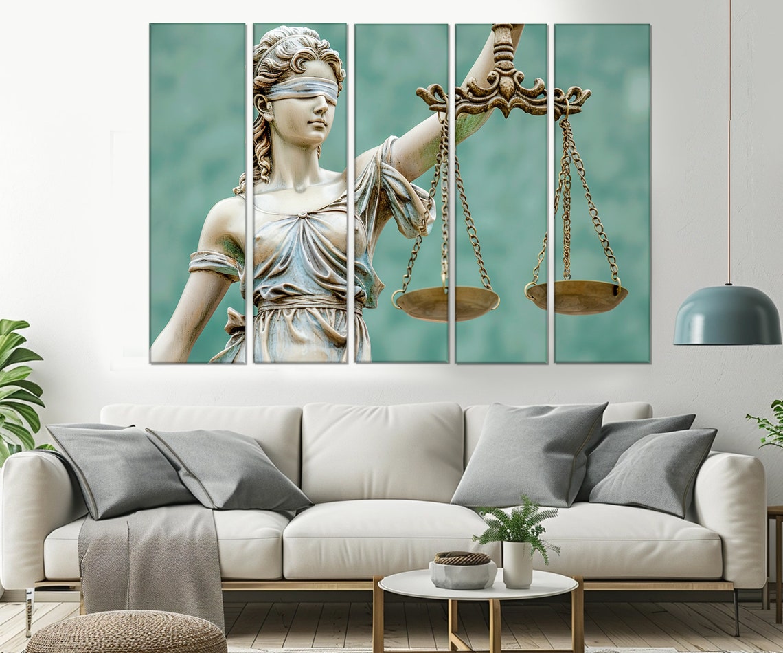Lady Justice Statue Scales Law Office Teal Background Elegant Poster - Image 3