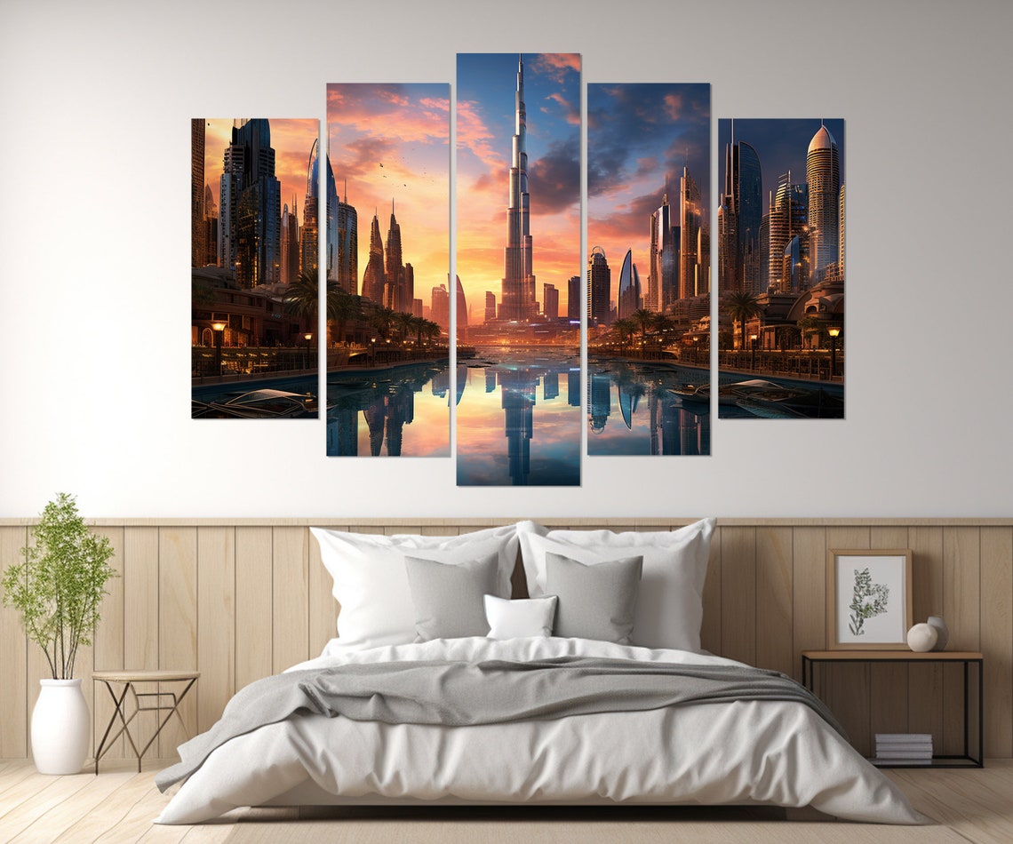 Dubai Skyline Sunset Burj Khalifa Water Reflection Cityscape Poster - Image 4
