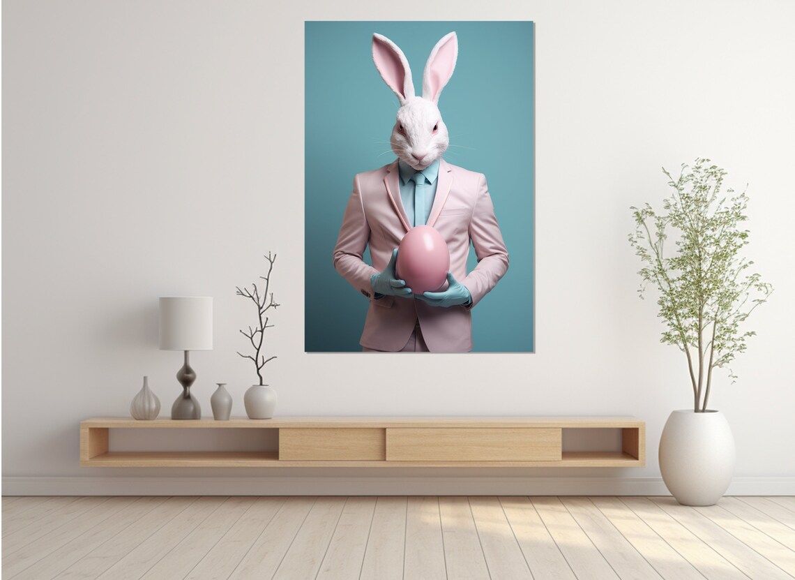 Rabbit In Pink Suit Holding Pink Egg Surreal Portrait Funny Easter Wall Art Poster - Image 2