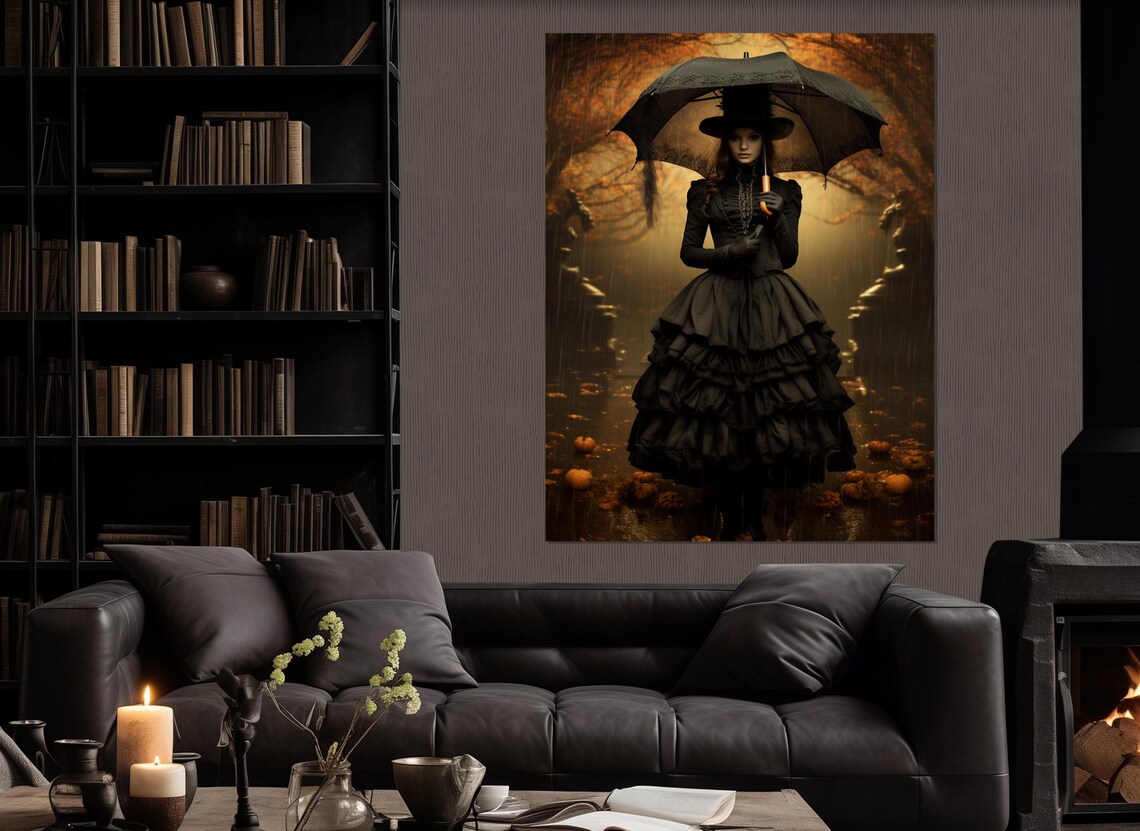 Victorian Witch Under Umbrella Autumn Rain Pumpkins Gothic Fantasy Poster - Image 3