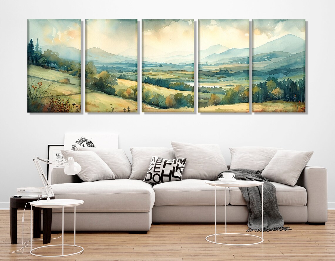 Neutral Green Meadow Landscape Art Print, Rustic Decor - Image 2