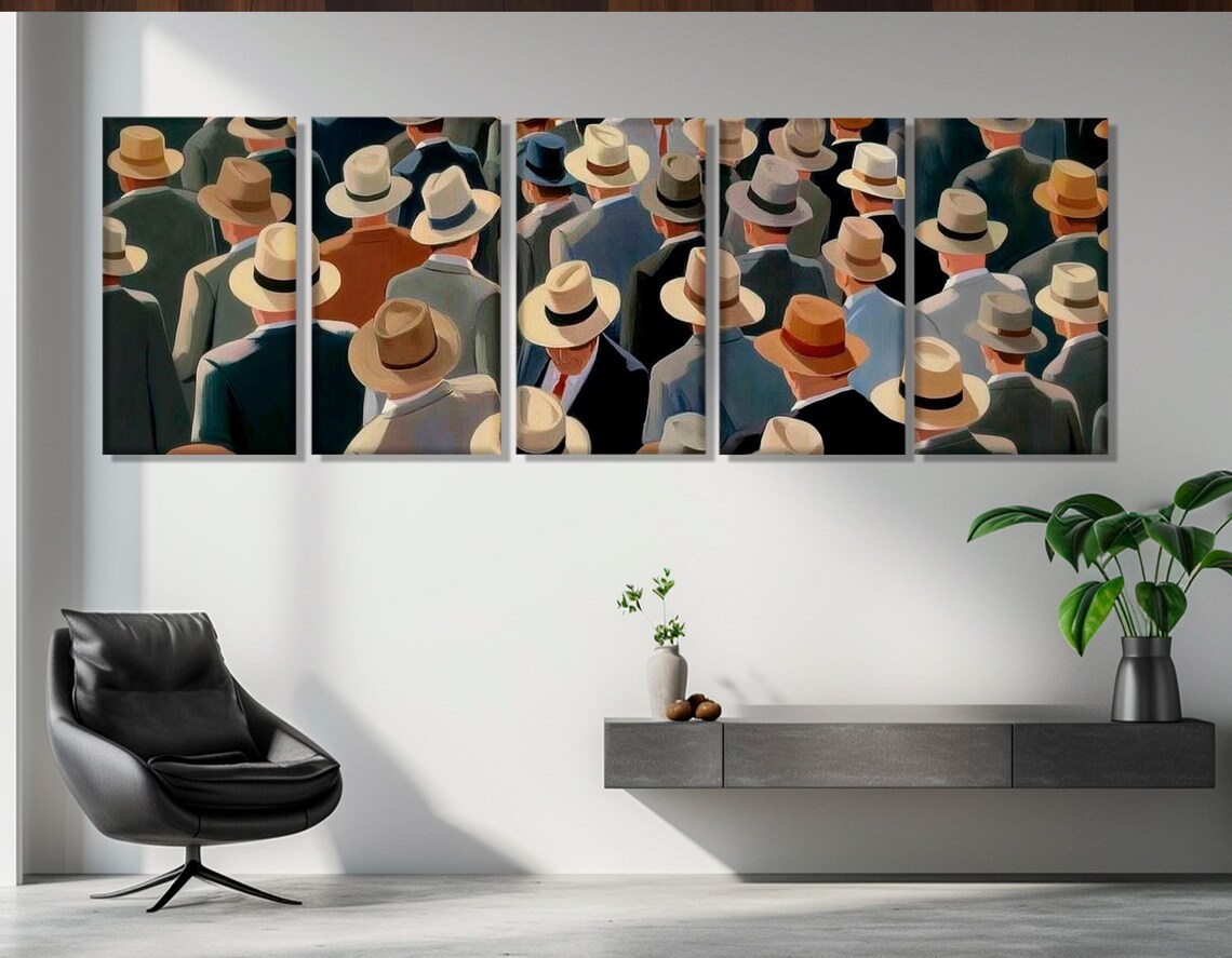 Men In Fedora Hats Retro Crowd Street Scene Vintage Art Poster - Image 3