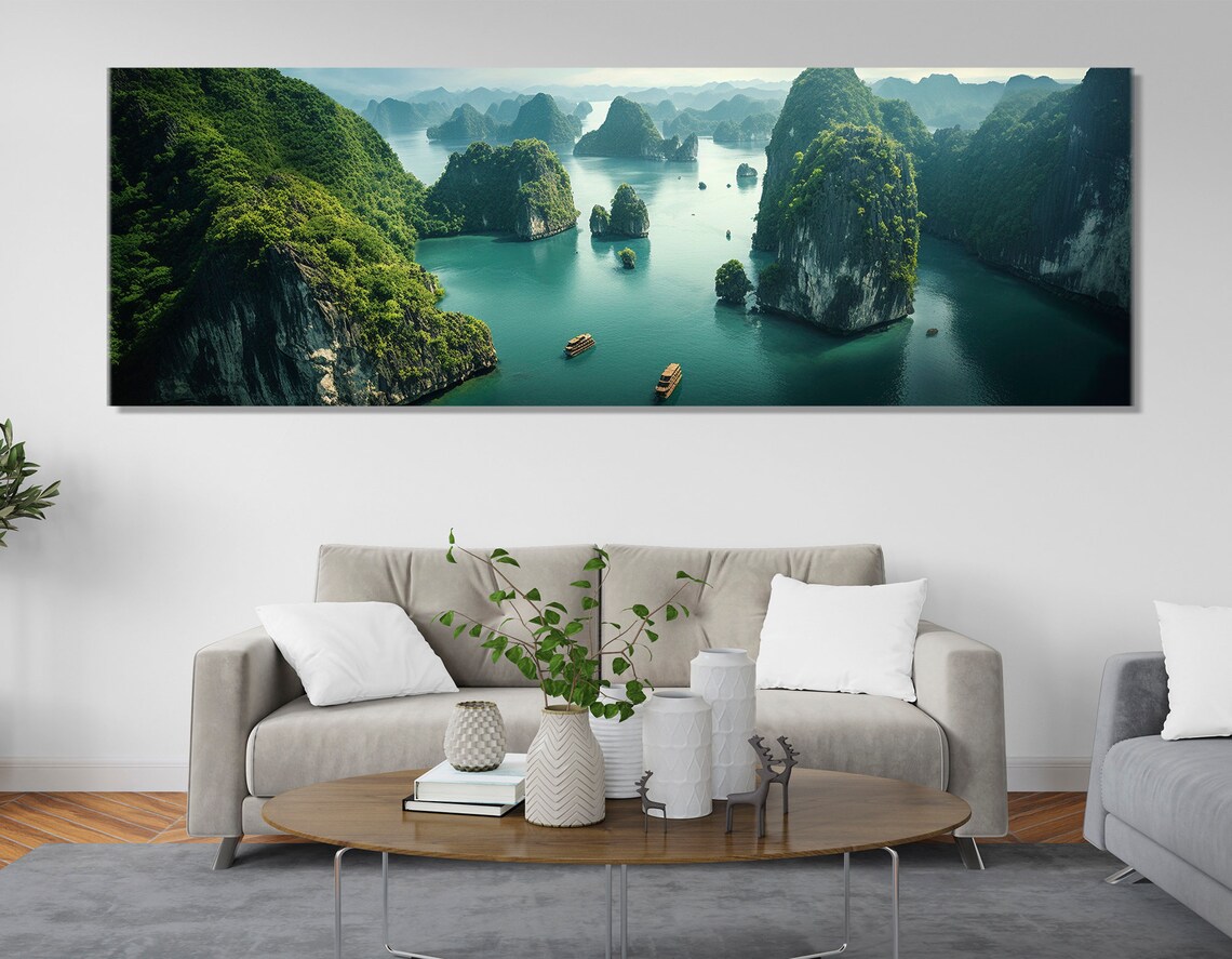 Ha Long Bay Vietnam Aerial Limestone Karsts Boats Emerald Water Poster