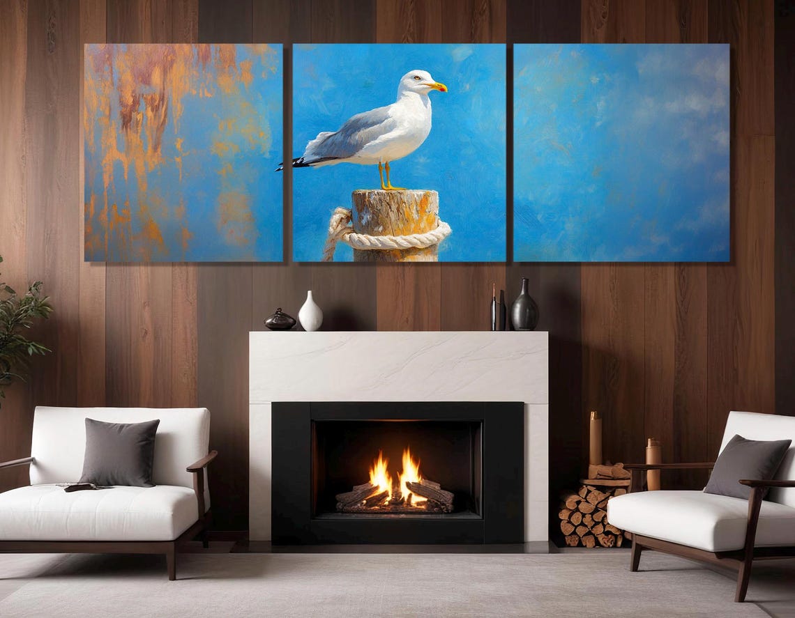 Seagull Perched on Pier Post Abstract Blue Gold Bird Painting Poster - Image 4
