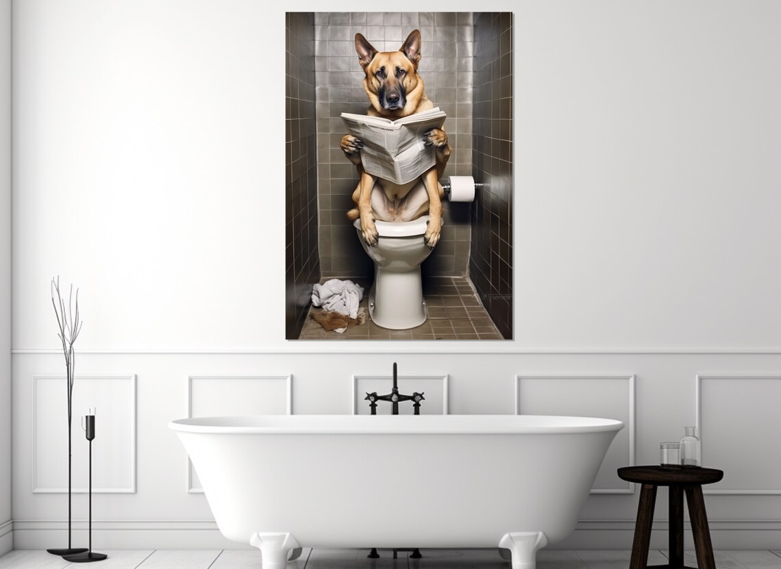 German Shepherd Dog On Toilet Reading Newspaper Funny Bathroom Wall Poster - Image 2