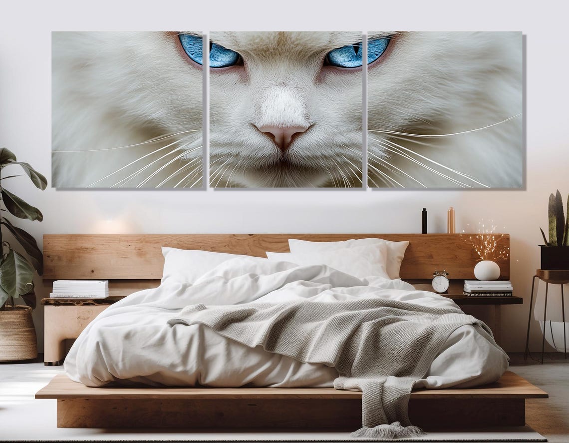 Stern White Cat Piercing Blue Eyes Close Up Feline Portrait Art - Image 4