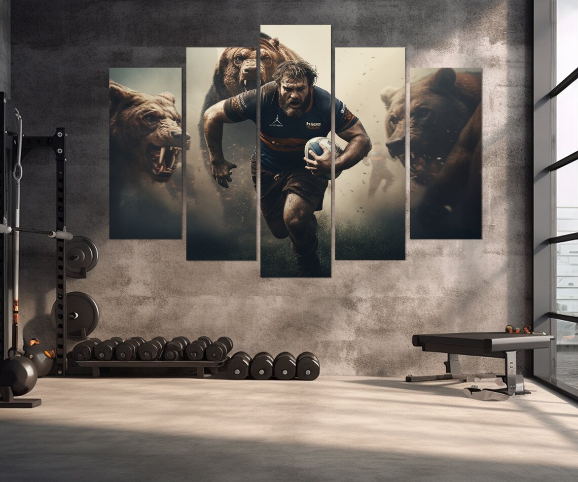 Fearless Rugby Player Running From Grizzly Bears Dramatic Sports Poster - Image 3