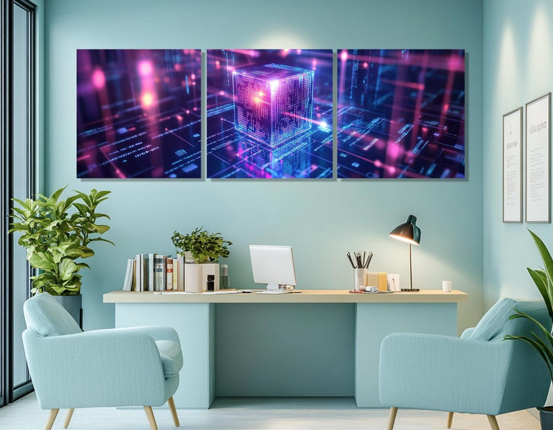 Futuristic Neon Digital Cube Cyber Grid Blue Pink Tech Art Poster - Image 4