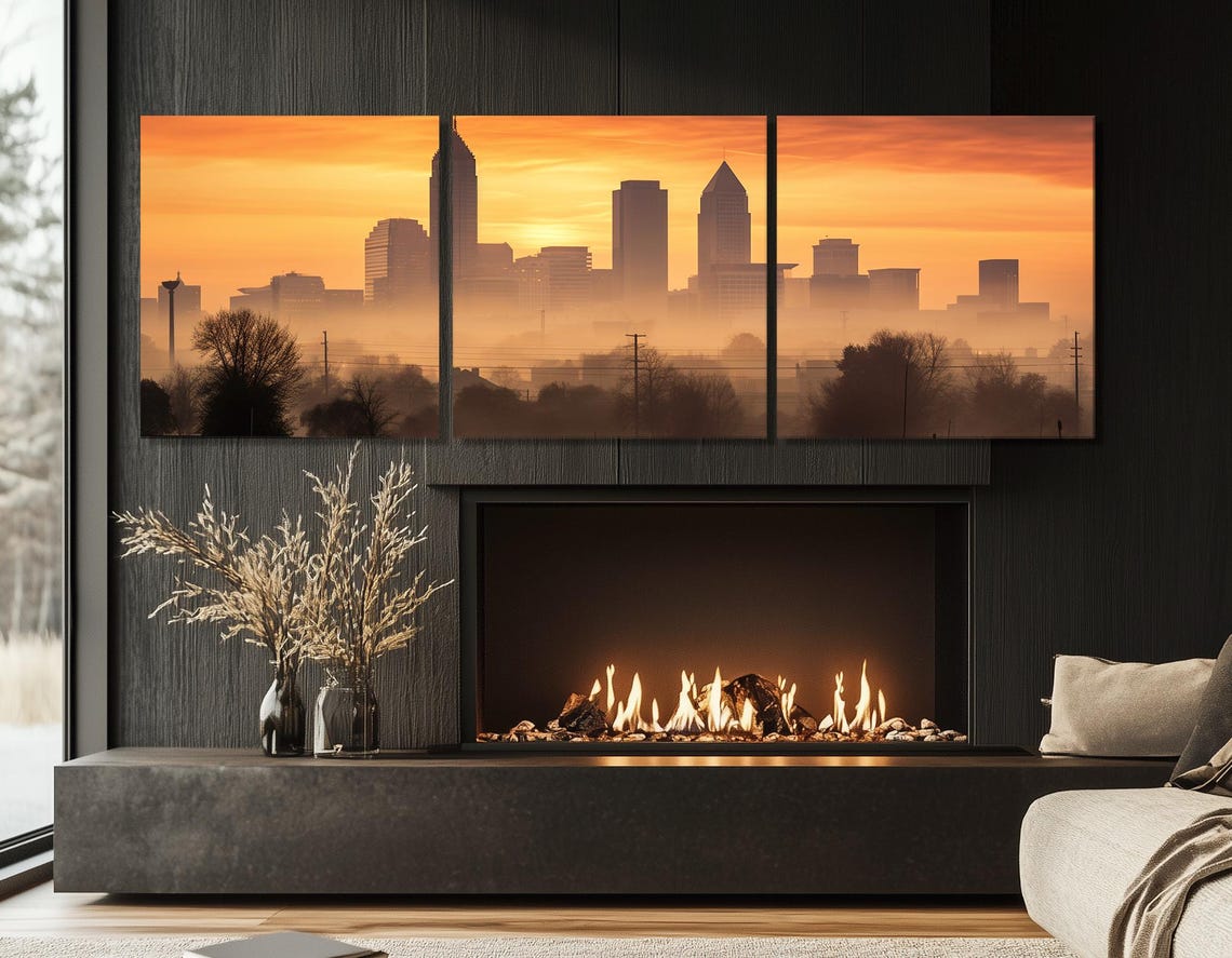 Misty Indianapolis Sunrise Skyline In Golden Haze With Trees Poster - Image 4
