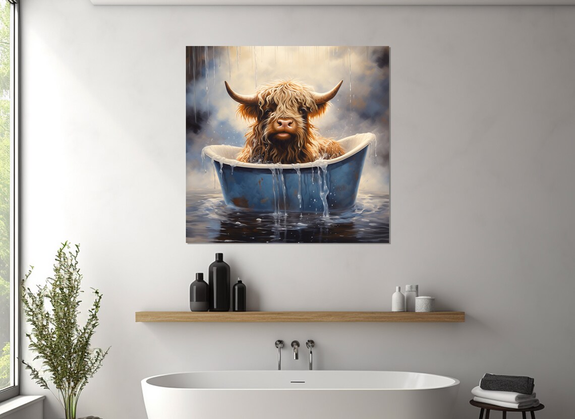 Highland Cow Calf Bathing In A Blue Vintage Bathtub Rain Shower Poster - Image 2