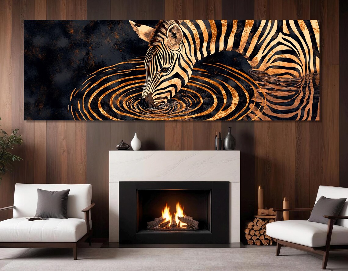 Black Gold Zebra Drinking Water Ripples Bold African Animal Wall Art Poster - Image 3