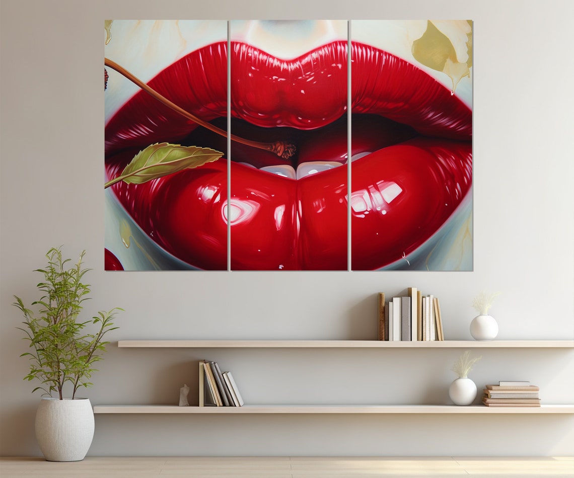 Glossy Red Lips With Cherry Stem Pop Art Beauty Fashion Wall Poster - Image 4