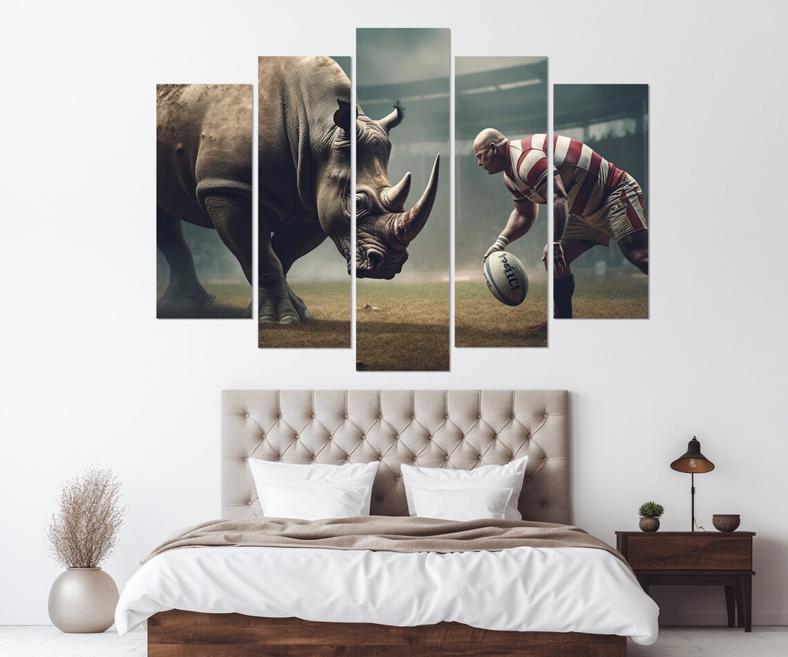 Rugby Player Vs Rhinoceros Epic Showdown Stadium Dramatic Wall Art Poster - Image 2