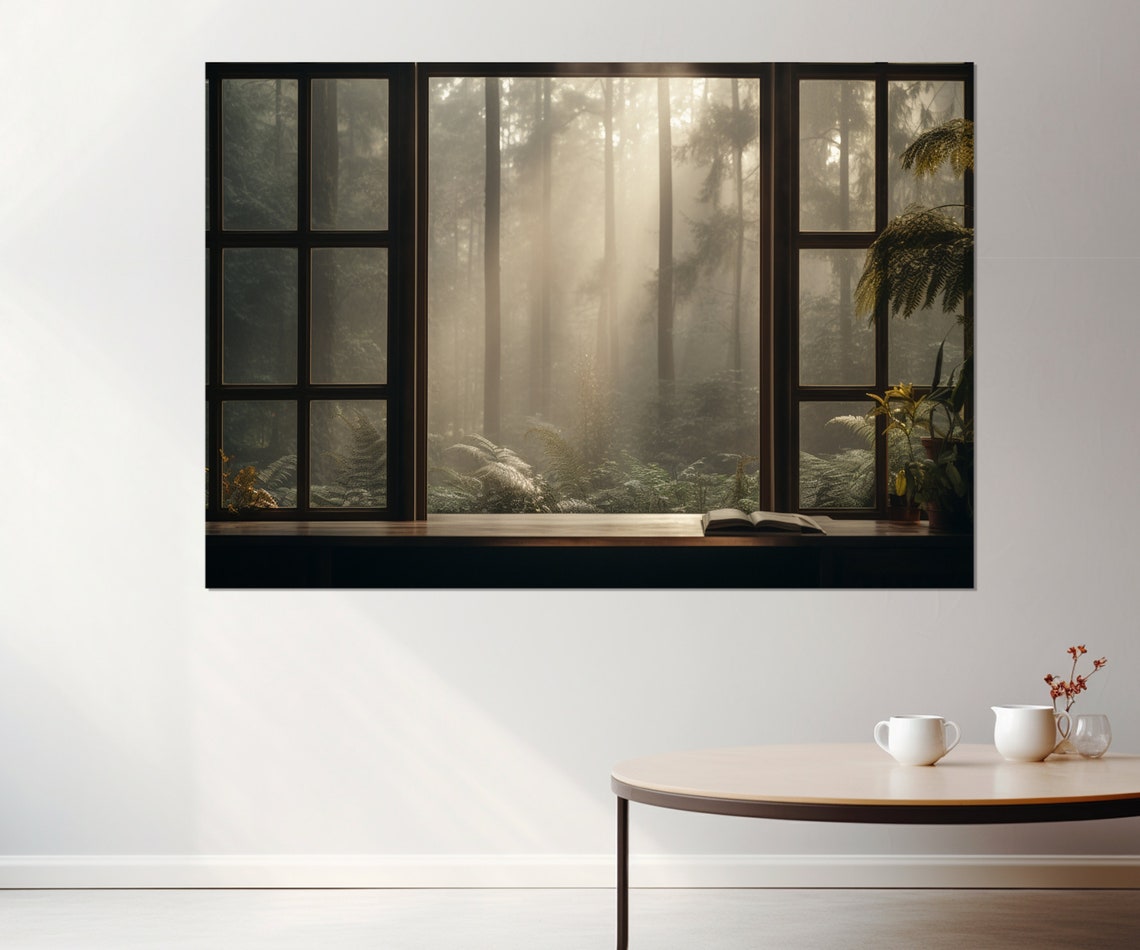 Misty Forest Through Open Window Sunbeam Tall Pines View Poster - Image 4