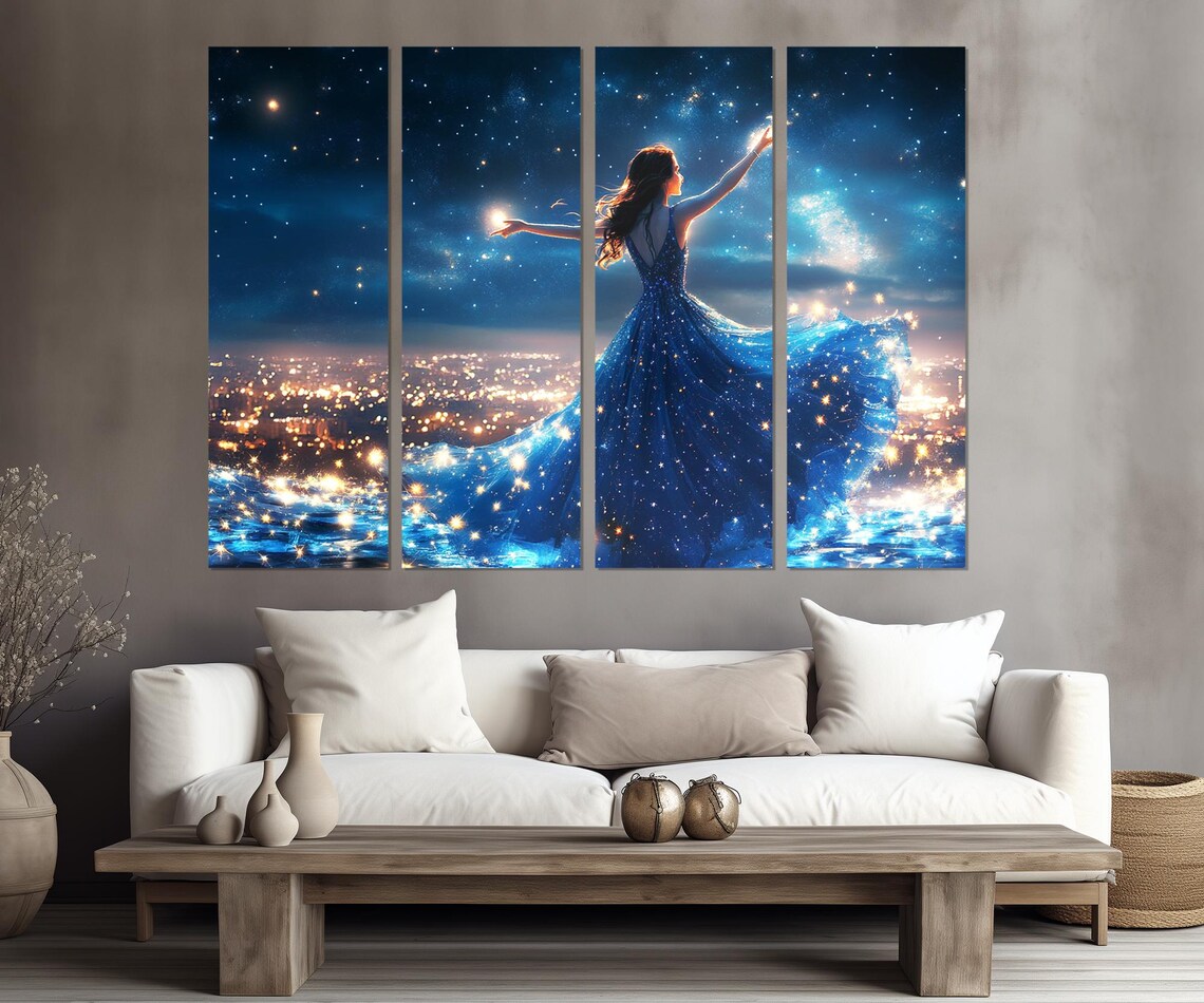 Dancing Fairy Starry Blue Gown Above City Lights Night Fantasy Poster - Image 3
