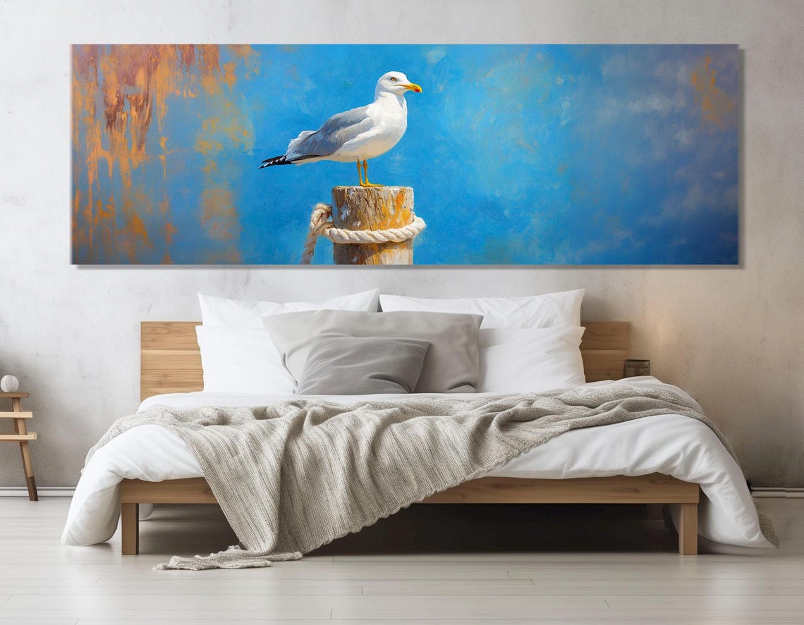 Seagull Perched on Pier Post Abstract Blue Gold Bird Painting Poster