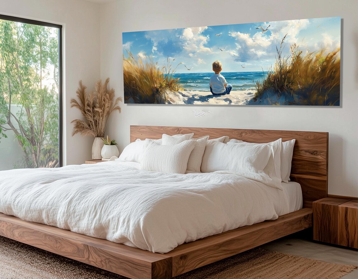 Little Boy On Beach Seaside Grass Coastal Painting Travel Wall Poster - Image 2