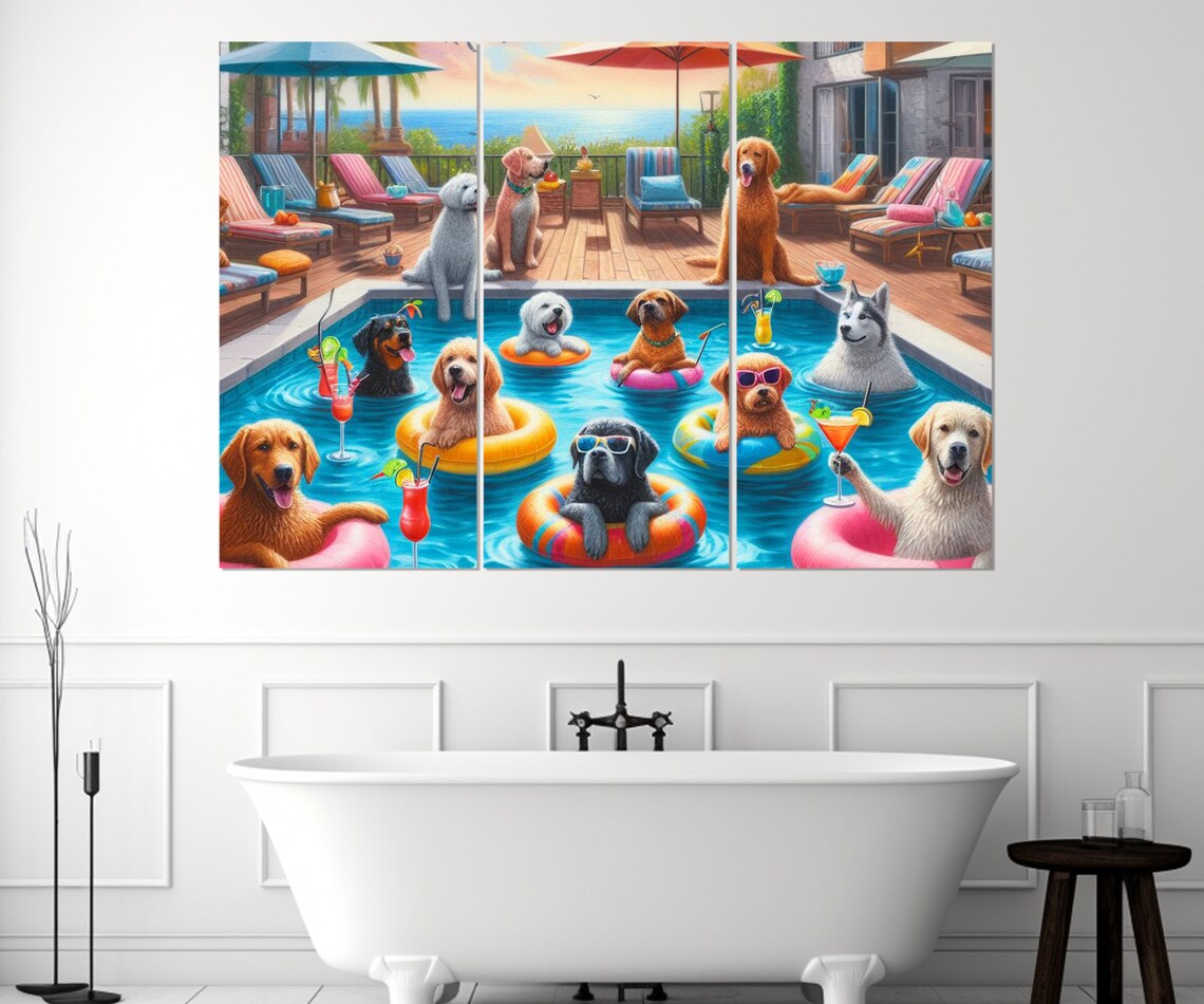 Dogs Pool Party Abstract Pets Bathroom Wall Art Print - Image 2