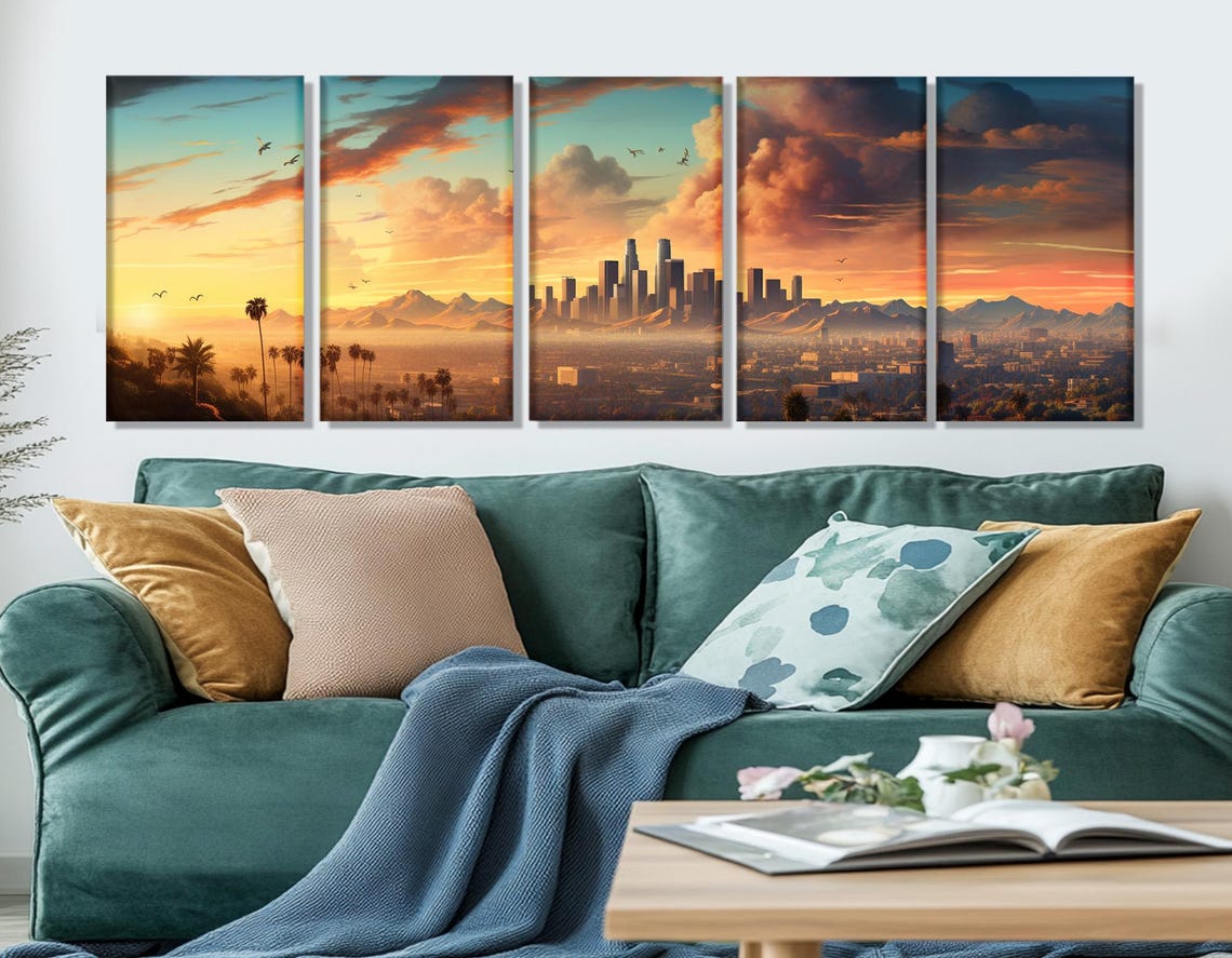 Los Angeles Sunset Panorama With Palm Trees And Mountain View Poster - Image 3