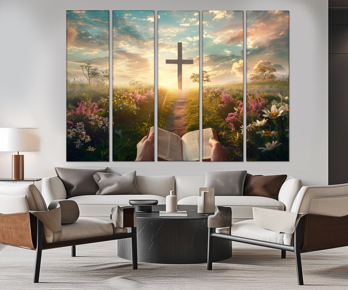 Open Bible Cross Sunrise Wildflower Meadow Path Triptych Faith Wall Art - Image 3