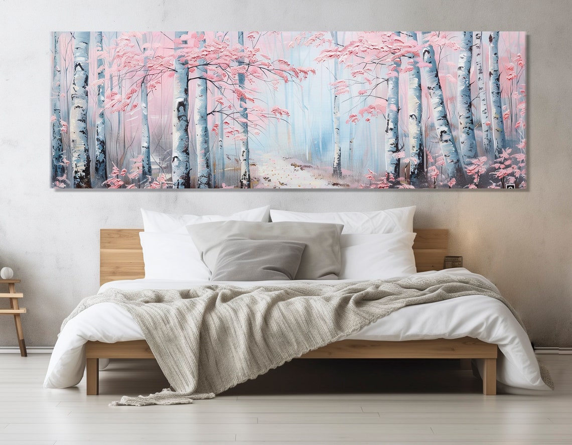 Birch Forest Pink Leaves Dreamy Abstract Spring Woodland Art Poster