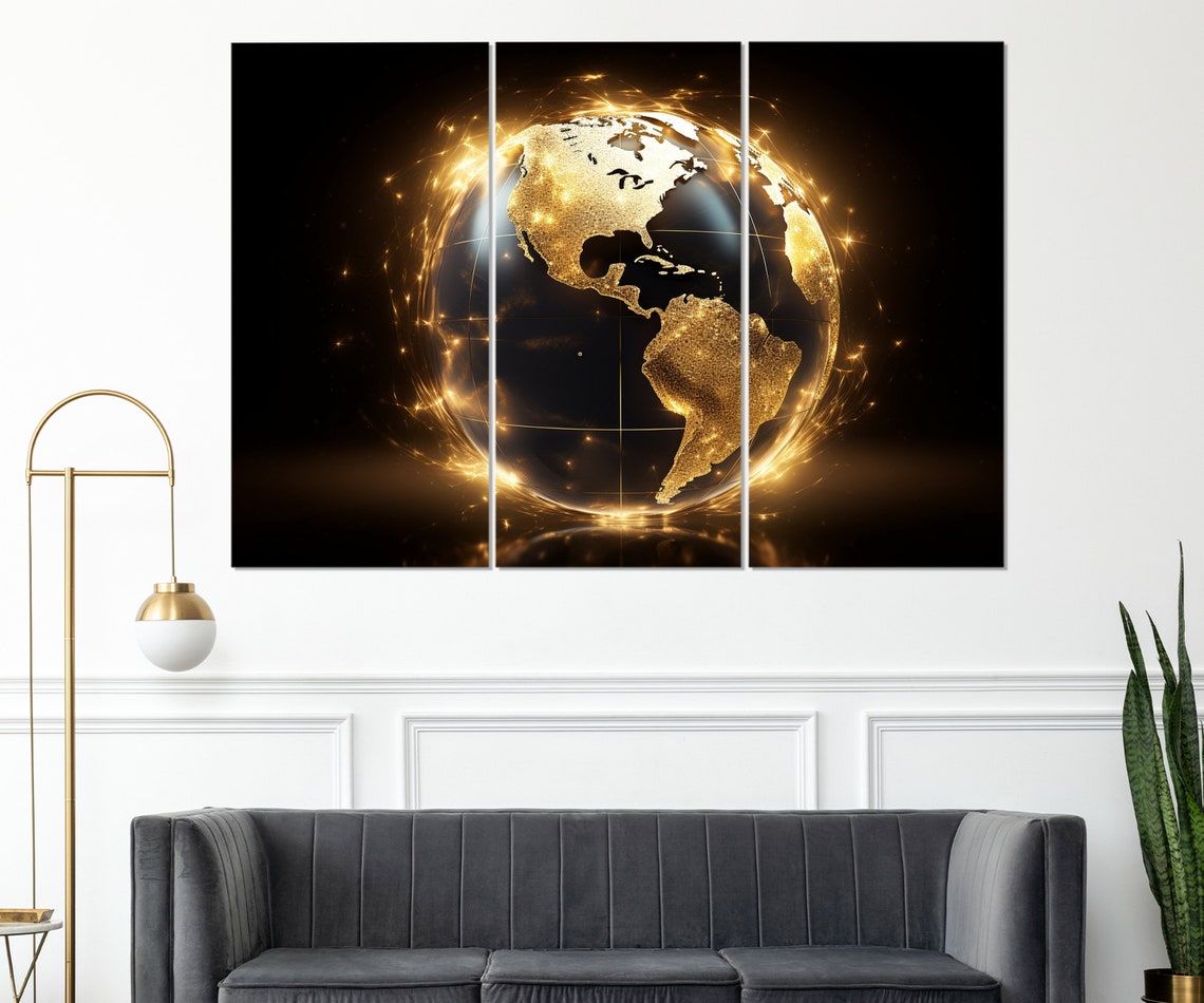 Abstract Golden Earth Americas Globe Sparkling Black Wall Art Print - Image 4