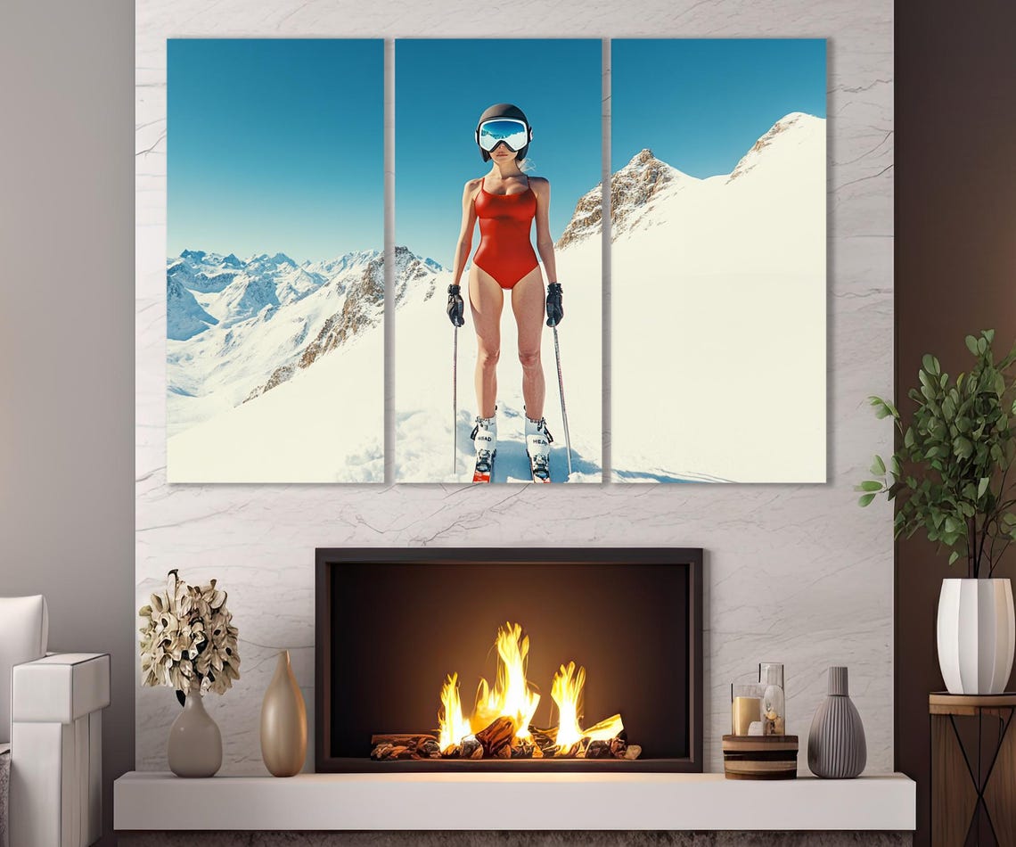 Skier In Red Swimsuit Snowy Mountain Triptych Bold Ski Wall Art Print