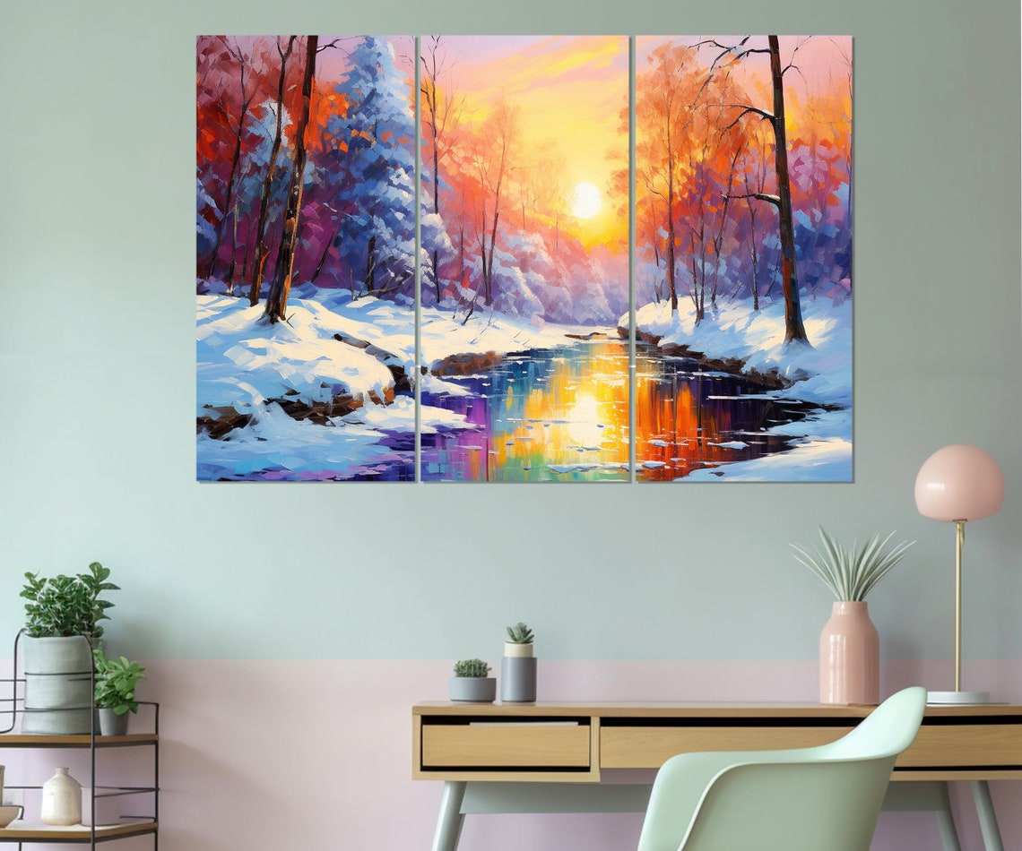 Winter Forest River Sunset Snow Colorful Reflection Wall Poster - Image 3