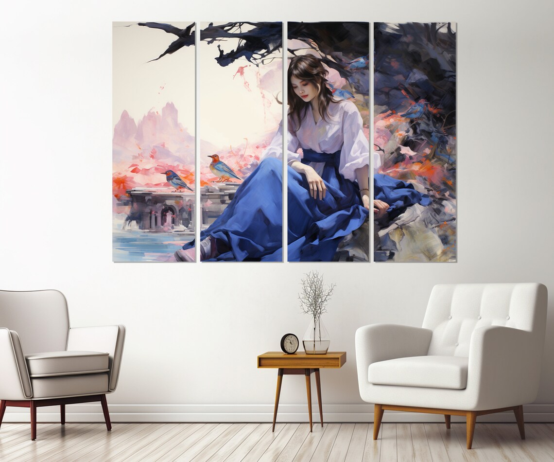 Japanese Beauty Blue Birds Blossom Garden Oriental Painting Poster - Image 2