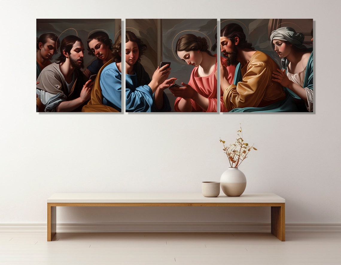 Renaissance Saints Looking At Cell Phones Funny Classic Art Poster - Image 2