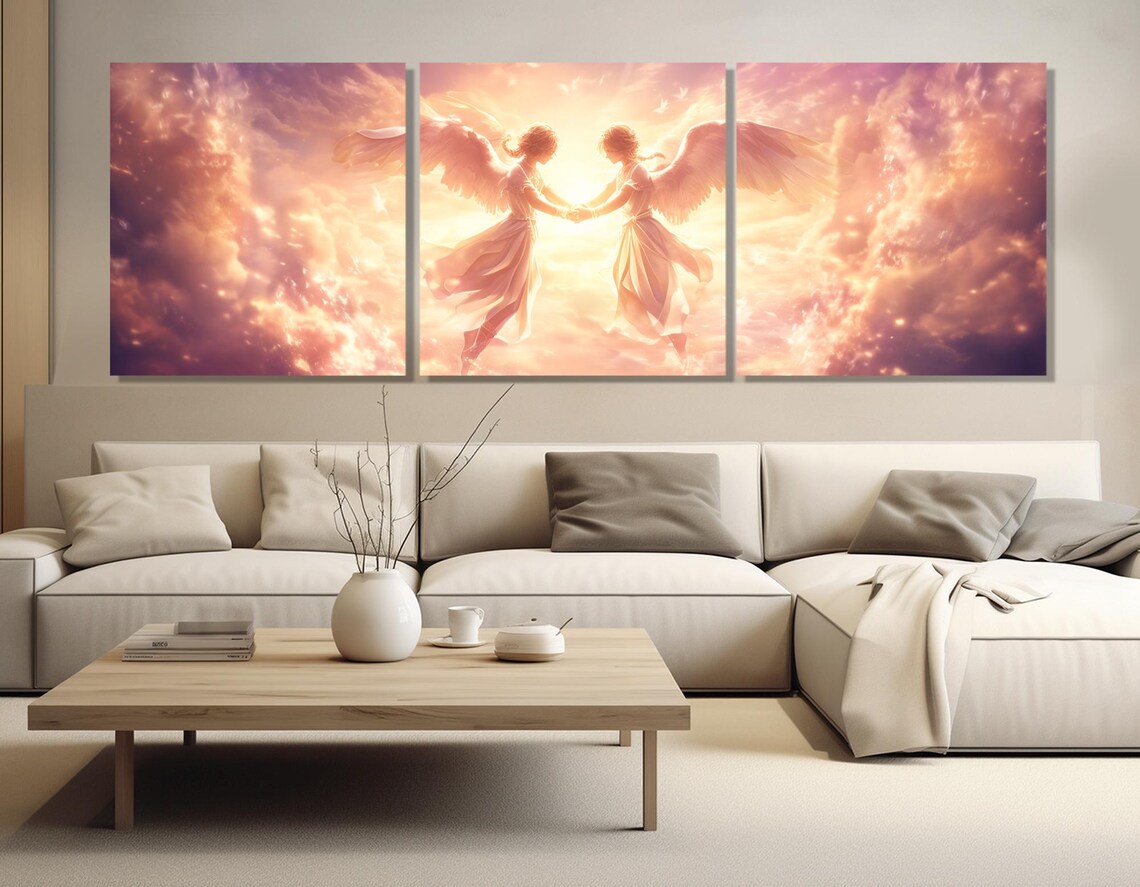 Two Angels Holding Hands Golden Heavenly Clouds Warm Light Wall Art Print - Image 4