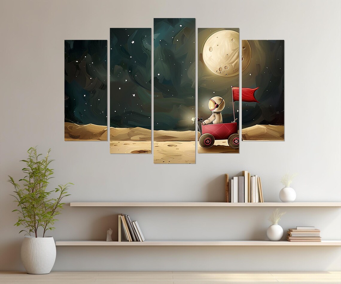 Cute Astronaut Kid Riding Red Wagon on Moon Nursery Space Art Poster - Image 2