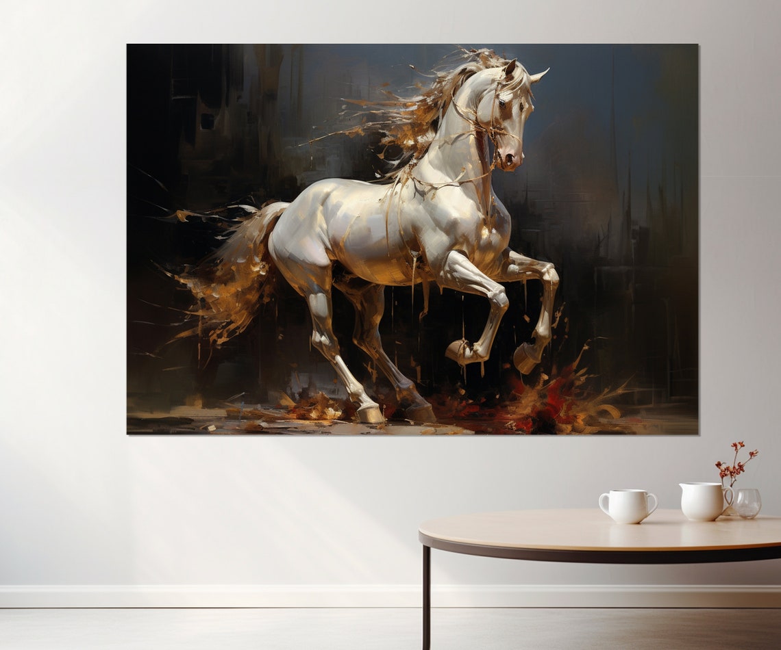 Majestic White Horse Galloping Dark Dramatic Golden Mane Art Poster