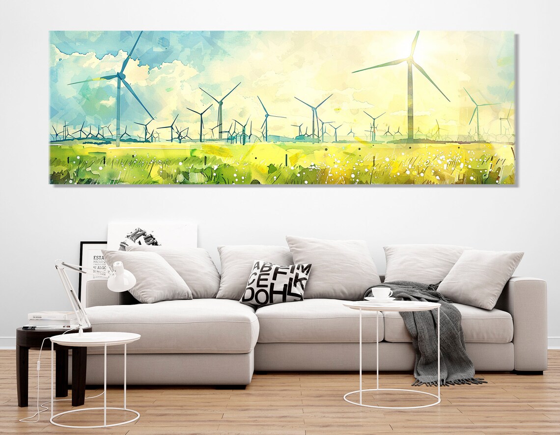 Wind Turbines Over Green Meadow Watercolor Renewable Energy Art Poster