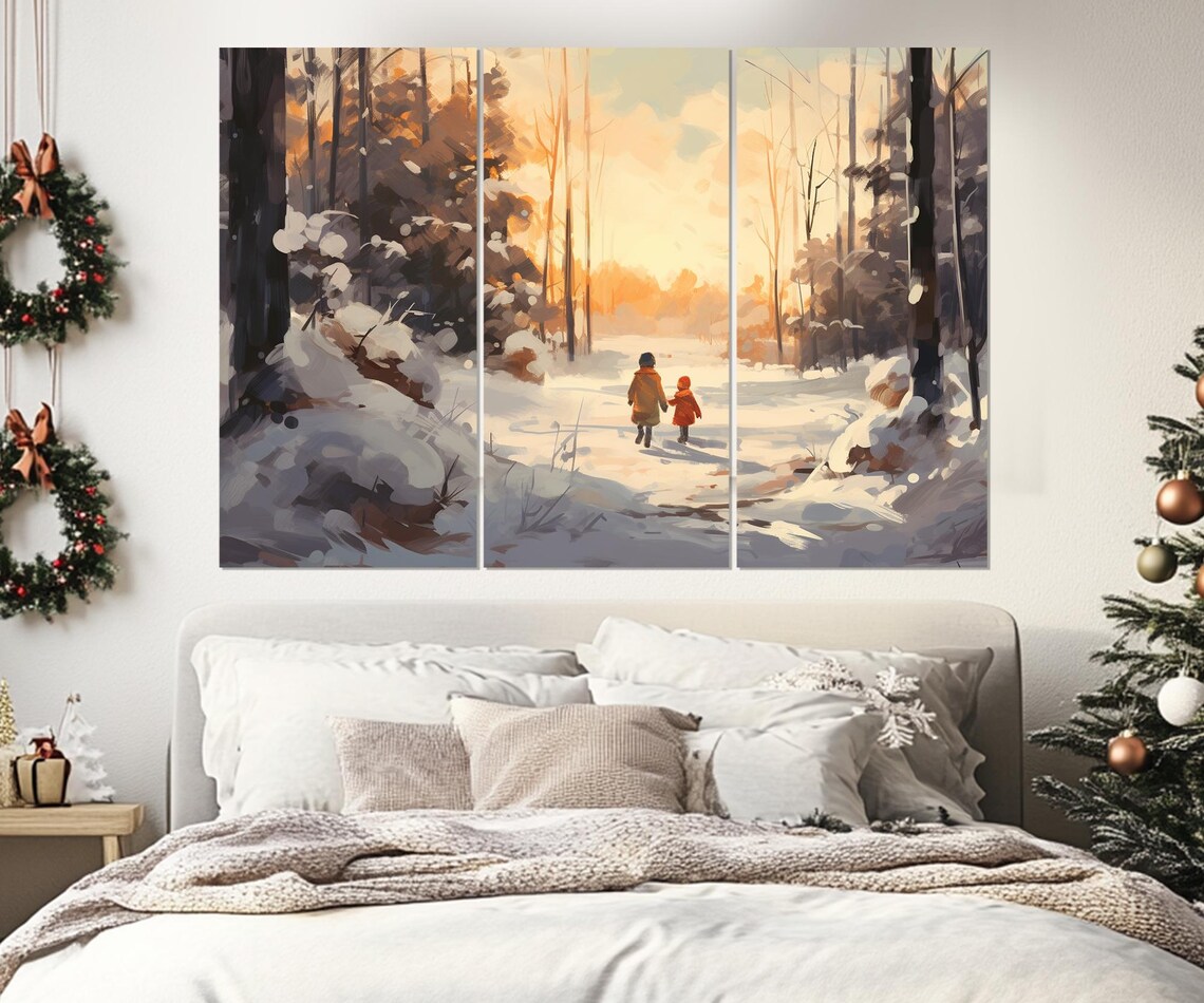 Kids Walking Winter Forest At Sunset Cozy Christmas Painting Wall Art - Image 4