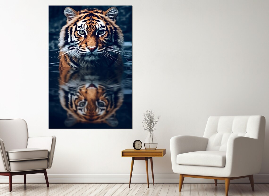 Tiger In Water Reflection Close Up Portrait Dramatic Wildlife Art Poster - Image 3