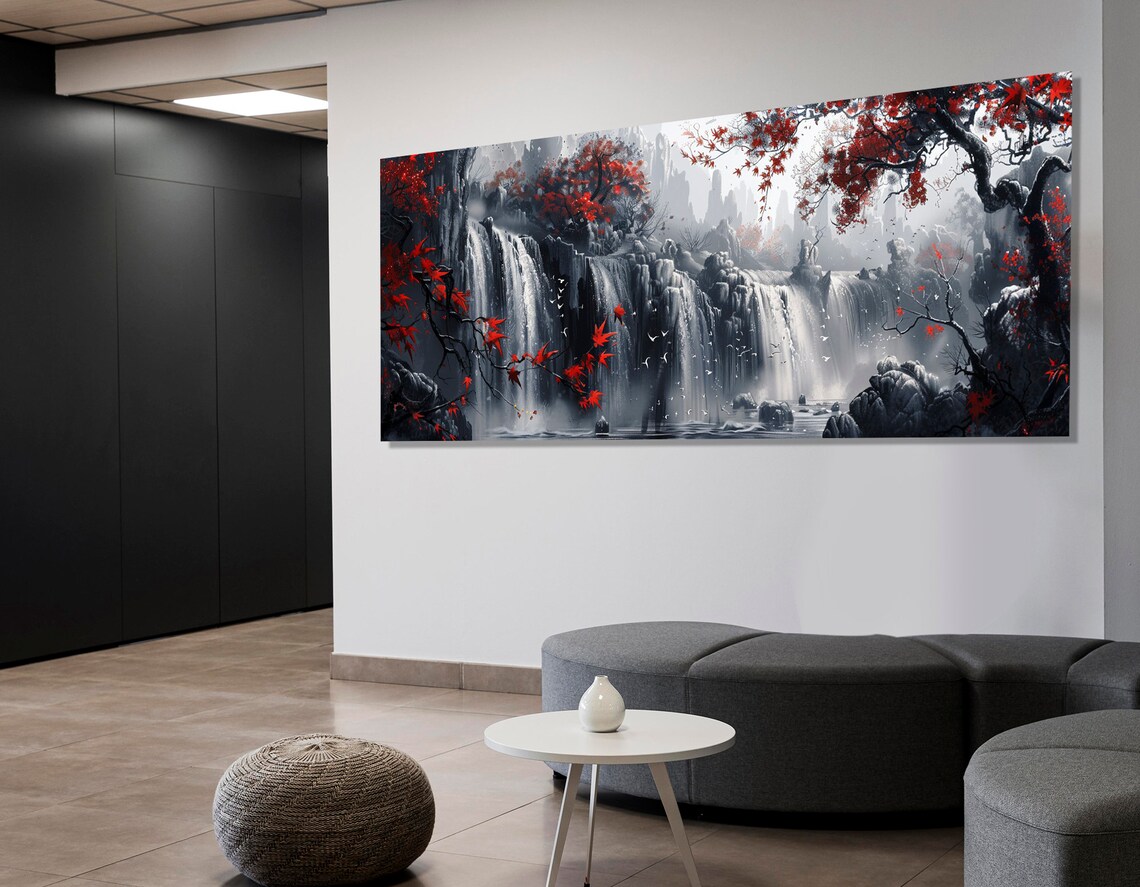 Abstract Waterfall and Red Trees Art Print, Black and White - Image 2