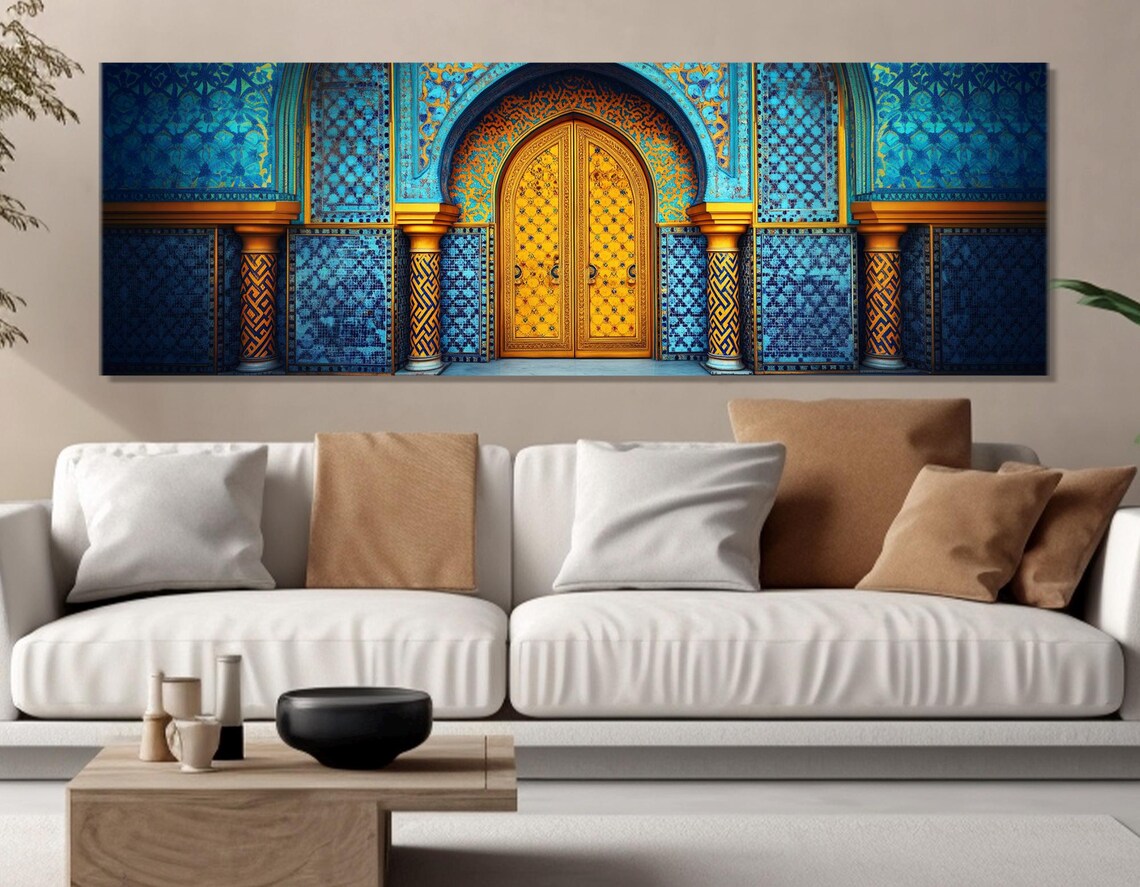 Moroccan Style Patterned Door, Gold And Blue Print - Image 3