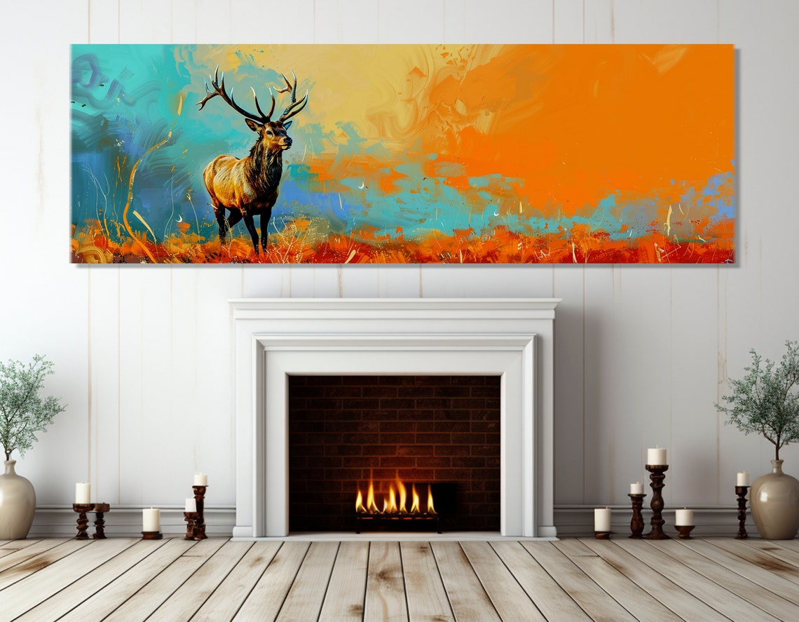 Elk Antlers Turquoise Orange Abstract Sky Wild Stag Painting Poster